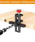 Cabinet Door Mounting Jig With Quick Edge Positioner for Frameless and Face Frame Cabinets shown in use with drill press.