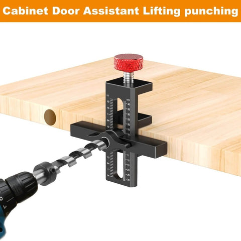 Cabinet Door Mounting Jig With Quick Edge Positioner for Frameless and Face Frame Cabinets shown in use with drill press.