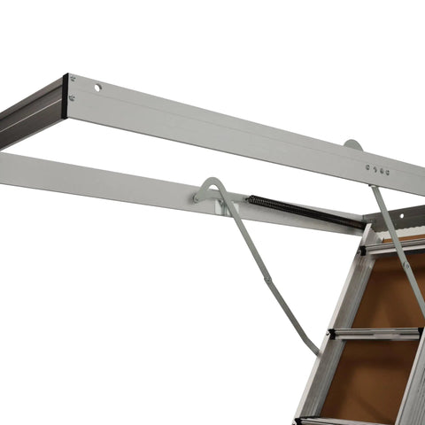 Built-To-Last 10-Foot Aluminum Attic Ladder For Easy Home Access, Fits Rough Opening 54 By 22.5 Inches, 375-Pound Capacity, Type IAA, Heavy-Duty Foldable Loft Ladder For Attics, Garages, And Storage close-up of aluminum frame and spring hinge