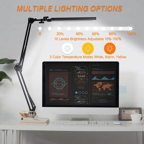 LED Desk Lamp with Clamp Adjustable Swing Arm Dual Head Light for Office 3 Color Modes and 10 Level Dimming over Monitor