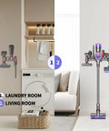 Accessory Holders For Dyson Vacuum Cleaners Wall Mount Docking Station Organizer With Ten Storage Adapters Two Pack Fits V15 V11 V10 V8 V7 Gen5 G5 Docking Stations And Detect Technology Attachments displayed in laundry and living room