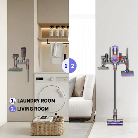 Accessory Holders For Dyson Vacuum Cleaners Wall Mount Docking Station Organizer With Ten Storage Adapters Two Pack Fits V15 V11 V10 V8 V7 Gen5 G5 Docking Stations And Detect Technology Attachments displayed in laundry and living room