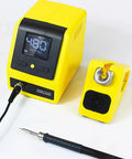 Front view of 120W Digital Soldering Station Kit With Rapid Three Second Heating Anti Static T210 Iron LCD Display Safe PCB Electronics DIY Repair US Plug Pro Grade Dope Soldering Tool For Projects showing yellow station with LCD and iron