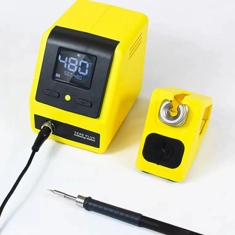 Front view of 120W Digital Soldering Station Kit With Rapid Three Second Heating Anti Static T210 Iron LCD Display Safe PCB Electronics DIY Repair US Plug Pro Grade Dope Soldering Tool For Projects showing yellow station with LCD and iron