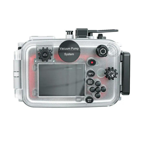 Back view of Underwater Camera Housing For Olympus Tough TG7 60m 195ft Waterproof Dope Scuba Case Durable Polycarbonate Shell