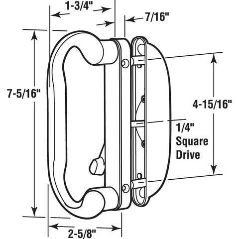 Diagram of Diecast White Patio Door Handle Set With Square Drive Center Lever Non Keyed Fits Roto And Similar Doors Reversible Handles