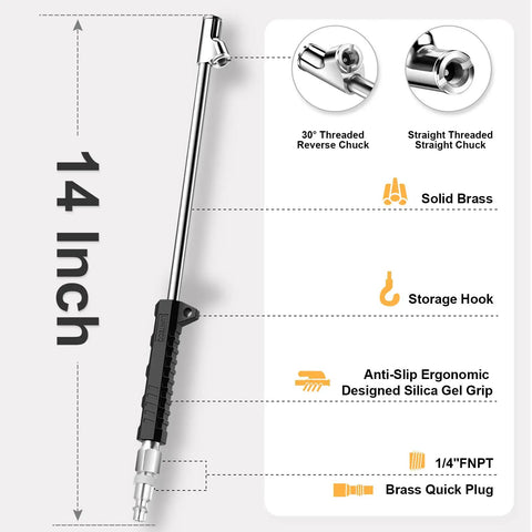 14 Inch Extended Reach Dual Head Air Chuck with two way connection, silica gel grip and 1/4 inch FNPT, straight lock