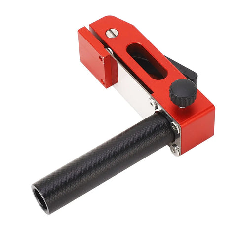 Heavy Duty Aluminum MFT Bench Dog Clamps For Woodworking That Lock Fast And Play Nice With TSlot Tables, red clamp with carbon fiber handle.