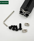 M5 T-nut screw kit components: 4 black M5 screws, 2 drop-in T-nuts, hex wrench, aluminum extrusion profile (front view).