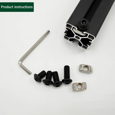 M5 T-nut screw kit components: 4 black M5 screws, 2 drop-in T-nuts, hex wrench, aluminum extrusion profile (front view).