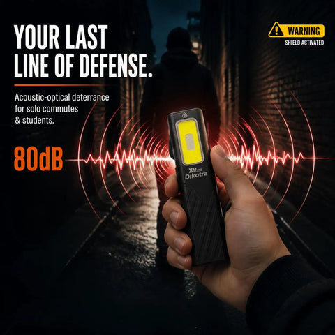 Ultra Slim EDC Flashlight With 800 Lumen Output held in hand, activating 80dB siren in dark alley, person in background