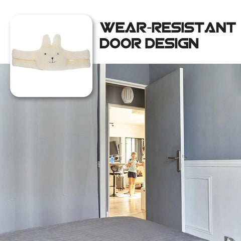 Fluffy White Door Stopper For Home And Office Soft Durable Wall Protector on a gray wall with open door