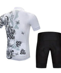 White cycling jersey with floral print and black padded cycling shorts, rear view