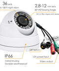 4 In 1 HD Outdoor Dome CCTV Cam With 2.8-12mm Varifocal Lens Weatherproof Metal Housing 36 IR LEDs Day Night Supports 1080P TVI AHD CVI CVBS Night Vision Up To 100ft, shown with cables and features highlighted.