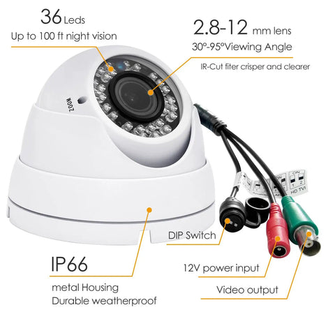 4 In 1 HD Outdoor Dome CCTV Cam With 2.8-12mm Varifocal Lens Weatherproof Metal Housing 36 IR LEDs Day Night Supports 1080P TVI AHD CVI CVBS Night Vision Up To 100ft, shown with cables and features highlighted.