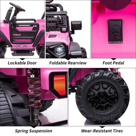 Details of Powerful 24V Kids Ride On Dual Seat Electric Car With Remote Control Dual 120W Motors, pink with XL wheels and bottle holder.