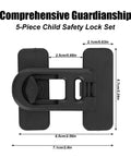 5 Pack Child Safety Cabinet Locks With 10 Adhesive Backings For Baby Proof Fridge Cabinets RV Refrigerator Freezer Oven Doors No Drill Easy Installation Black showing dimensions