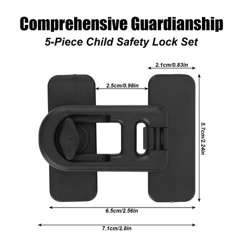 5 Pack Child Safety Cabinet Locks With 10 Adhesive Backings For Baby Proof Fridge Cabinets RV Refrigerator Freezer Oven Doors No Drill Easy Installation Black showing dimensions
