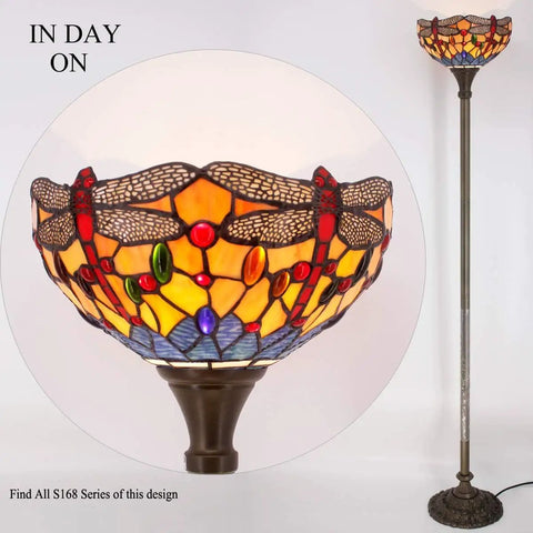 Tiffany Style Floor Lamp With Bold Orange Blue Dragonfly Stained Glass Shade, 12 Inch Wide, 71 Inch Tall Torchiere Uplight For Corner