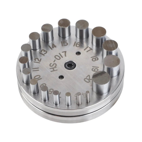 Pro Grade Steel Disc Cutter Set For Jewelry Making With Round Pendant Punch Tool And Six Dies, showing interchangeable dies.