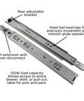 Beefy Heavy Duty Steel Drawer Slide Three Section Full Extension Self Close Side Mount Ball Bearing Cadmium Finish 100 Lb Capacity 1 Pair