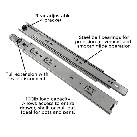 Beefy Heavy Duty Steel Drawer Slide Three Section Full Extension Self Close Side Mount Ball Bearing Cadmium Finish 100 Lb Capacity 1 Pair