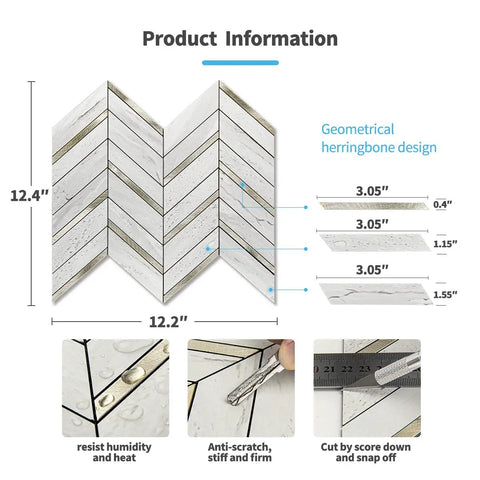 Peel And Stick Hexagon Mosaic Backsplash Tiles For Kitchen Decor, showing product details, dimensions, and installation guides.