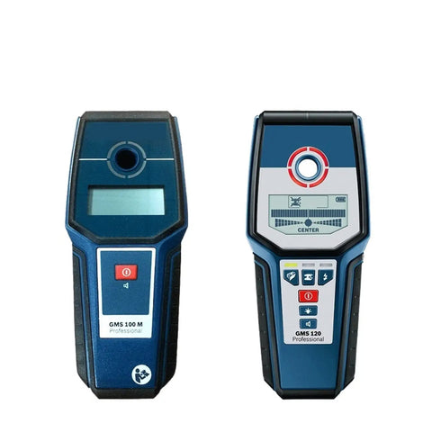 Two Slick Stud Finder Wall Scanners detecting live wires and pipes, compact size, digital displays, used for DIY home fixes.