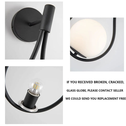 Modern Globe Wall Sconce Set Of 2 Black Glass Drop Lights details with frosted globe and bulb holders