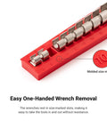 Red rack with size-marked slots holding multiple wrenches, emphasizing easy one-handed removal, 14 Tool 3/8 Inch Drive Flare Nut Crowfoot Wrench Organizer Rack Black for 5/16 to 1-1/16 Inch Wrenches, Grab and Go Portable Rack for Easy Wrench Access, DIY Auto Tool Accessories.