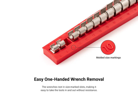 Red rack with size-marked slots holding multiple wrenches, emphasizing easy one-handed removal, 14 Tool 3/8 Inch Drive Flare Nut Crowfoot Wrench Organizer Rack Black for 5/16 to 1-1/16 Inch Wrenches, Grab and Go Portable Rack for Easy Wrench Access, DIY Auto Tool Accessories.