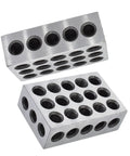 Two silver aluminum 1-2-3 machinist blocks with multiple through and threaded holes