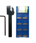 Three Eighths Inch Grooving Tool Holder Set With MGMN150 Inserts, MGEHR1010 1.5, and L3 Wrench, displayed in packaging.