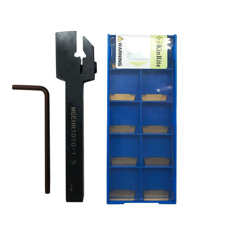 Three Eighths Inch Grooving Tool Holder Set With MGMN150 Inserts, MGEHR1010 1.5, and L3 Wrench, displayed in packaging.