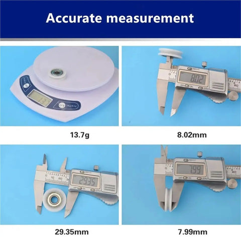 Accurate measurement image showing weights and dimensions of 20Pcs U Groove Plastic Coated 608ZZ Bearings With Concave POM Nylon Wheels.