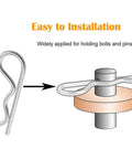 Illustration showing usage of 25 Piece Cotter Pin Set For Heavy Duty Use, Zinc Plated Hairpins Assortment With 5 Sizes. Ideal for locking systems.