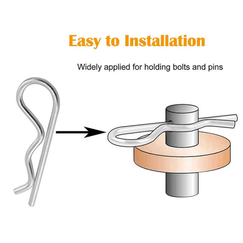 Illustration showing usage of 25 Piece Cotter Pin Set For Heavy Duty Use, Zinc Plated Hairpins Assortment With 5 Sizes. Ideal for locking systems.
