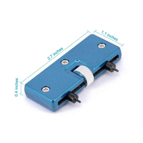 Watch Back Remover Tool Kit With Adjustable Case Holder For Screw Off Backs, shown with dimensions for precise DIY repairs.