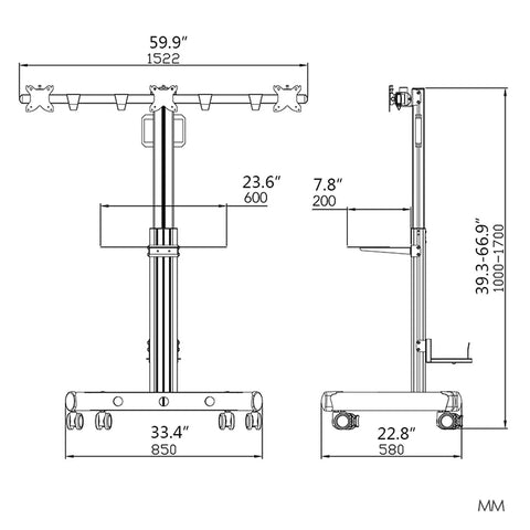 Heavy Duty Triple Monitor Rolling Cart With Flexible Arms And Integrated Keyboard Tray For A Beefy Workspace Setup dimensions diagram