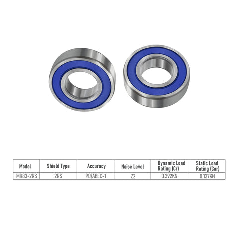 Pair of 3×8×3 mm chrome steel deep groove ball bearings with blue rubber seals, front view.