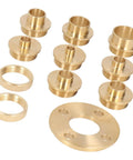 Built Tough Brass Router Template Guide Kit 11 Piece Bushing Set with brass bushings and quick lock nut adapter for woodworking.