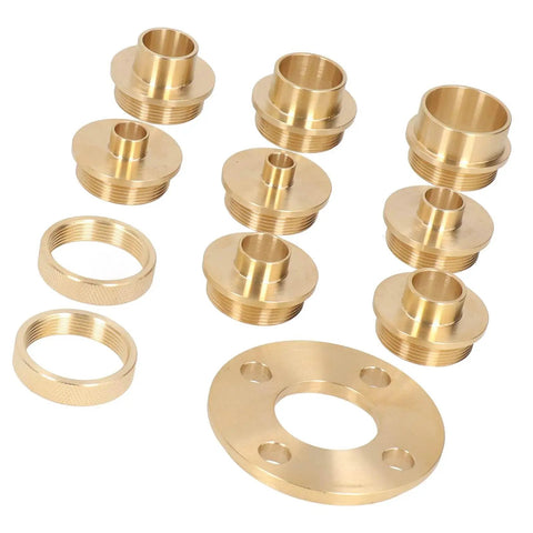 Built Tough Brass Router Template Guide Kit 11 Piece Bushing Set with brass bushings and quick lock nut adapter for woodworking.