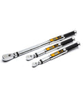 Three One Quarter Inch Drive 120XP Flex Head Electronic Torque Wrenches with Angle Readout, low profile tube, and teardrop heads