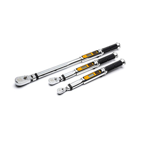 Three One Quarter Inch Drive 120XP Flex Head Electronic Torque Wrenches with Angle Readout, low profile tube, and teardrop heads