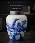 Solid Ceramic Tea Canister For Loose Leaf Storage, Airtight Kitchen Jar to Keep Coffee Beans Candy and Cereal Fresh, 1700ml, elegant blue and white design.