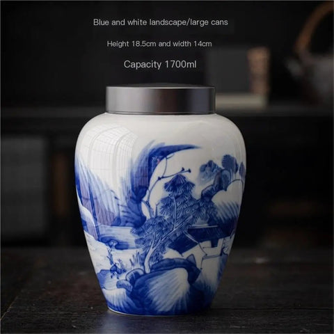 Solid Ceramic Tea Canister For Loose Leaf Storage, Airtight Kitchen Jar to Keep Coffee Beans Candy and Cereal Fresh, 1700ml, elegant blue and white design.