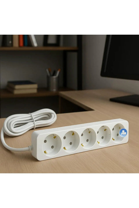 Six Outlet Power Strip With 16 Foot Cord Heavy Duty Extender grounded power strip on a desk with books in background.