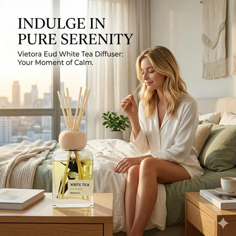Woman enjoying White Tea Reed Diffuser Set Inspired by Westin Hotel Scent for a 5 Star Home and Office Vibe near window.