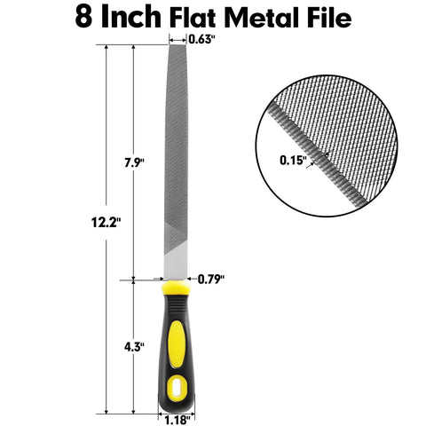 Flat Hand Metal File 8 Inch With Ergonomic Handle Pro Grade High Carbon Steel Bastard File with measurements and close-up detail.