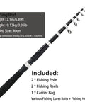 All In One Fishing Pole Combo Kit With 2 Telescopic Rods And 2 Spinning Reels Carrier Bag Lures And Hooks setup with extended rod